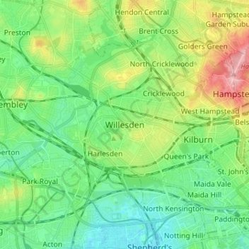 Mapa topográfico Willesden, altitud, relieve