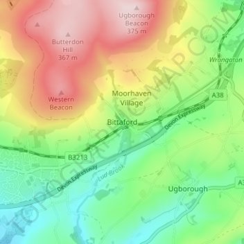 Mapa topográfico Bittaford, altitud, relieve