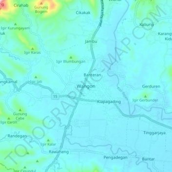 Mapa topográfico Wangon, altitud, relieve