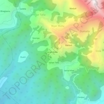 Mapa topográfico Sanan Malla, altitud, relieve