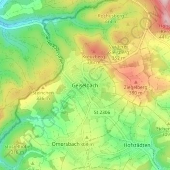 Mapa topográfico Geiselbach, altitud, relieve