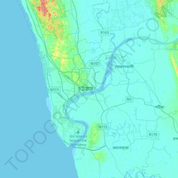 Mapa topográfico Chittagong, altitud, relieve