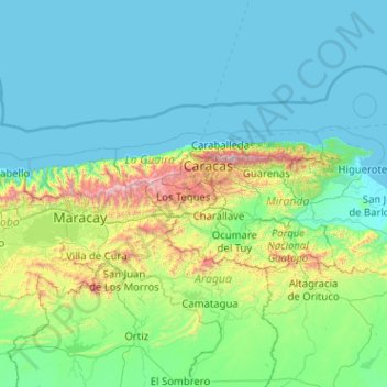 Mapa topográfico Altos Mirandinos, altitud, relieve