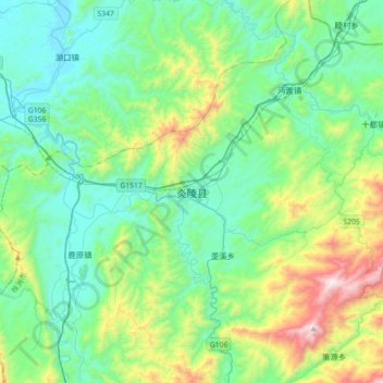 Mapa topográfico 炎陵县, altitud, relieve