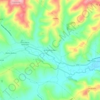 Mapa topográfico Arzilla di Novilara, altitud, relieve