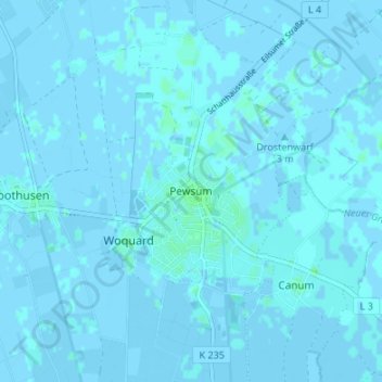 Mapa topográfico Pewsum, altitud, relieve