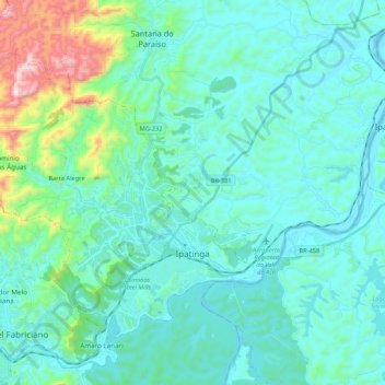 Mapa topográfico Ipatinga, altitud, relieve