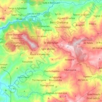 Mapa topográfico Beni Ouartilane, altitud, relieve