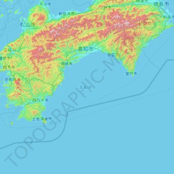 Mapa topográfico Prefectura de Kōchi, altitud, relieve