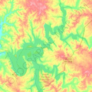 Mapa topográfico Barren River Lake, altitud, relieve
