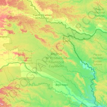 Mapa topográfico Cuyabeno, altitud, relieve