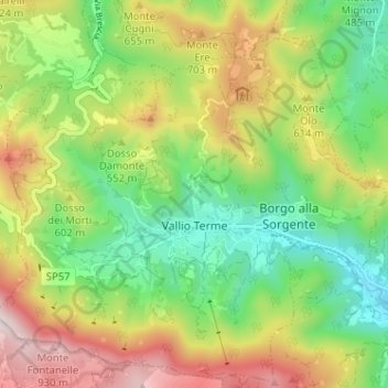 Mapa topográfico Vallio Terme, altitud, relieve