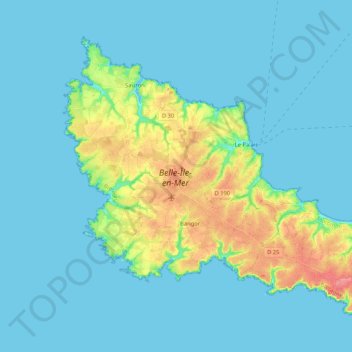 Mapa topográfico Belle-Île-en-Mer, altitud, relieve
