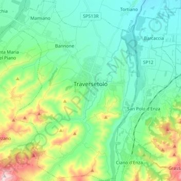 Mapa topográfico Traversetolo, altitud, relieve