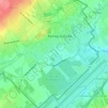 Mapa topográfico Ferney-Voltaire, altitud, relieve