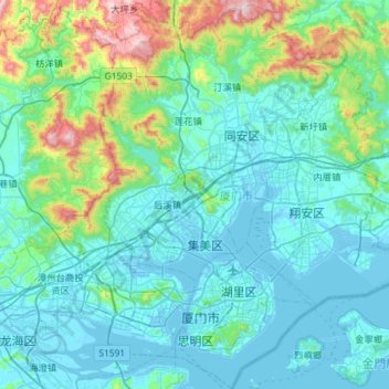 Mapa topográfico Xiamen, altitud, relieve