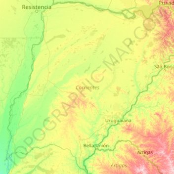 Mapa topográfico Corrientes, altitud, relieve