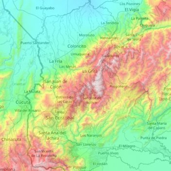 Mapa topográfico Estado Táchira, altitud, relieve