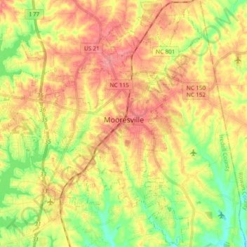 Mapa topográfico Mooresville, altitud, relieve