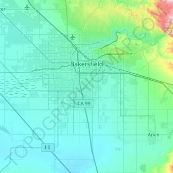 Mapa topográfico Bakersfield, altitud, relieve
