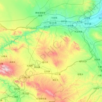 Mapa topográfico 沙坡头区, altitud, relieve
