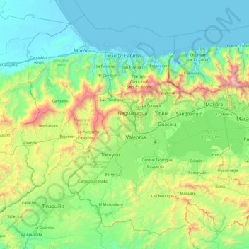 Mapa topográfico Estado Carabobo, altitud, relieve