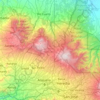 Mapa topográfico Cantón Alajuela, altitud, relieve