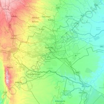 Mapa topográfico Nairobi, altitud, relieve