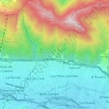 Mapa topográfico Municipio Chacao, altitud, relieve