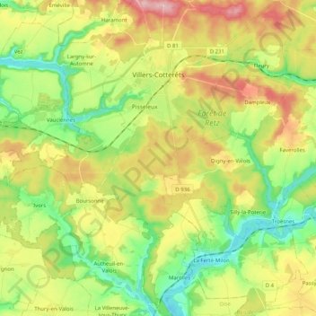 Mapa topográfico Villers-Cotterêts, altitud, relieve