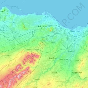 Mapa topográfico Edinburg, altitud, relieve