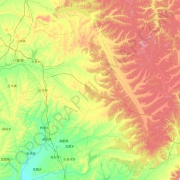 Mapa topográfico 北安市, altitud, relieve