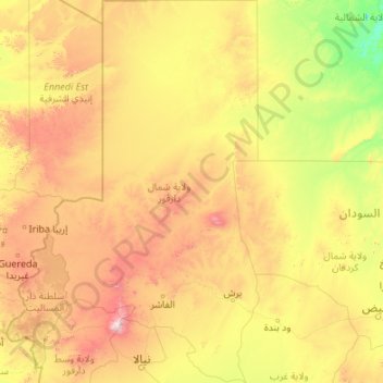 Mapa topográfico Nord-Darfur, altitud, relieve