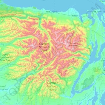 Mapa topográfico Olympic National Forest, altitud, relieve