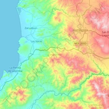 Mapa topográfico Compostela, altitud, relieve