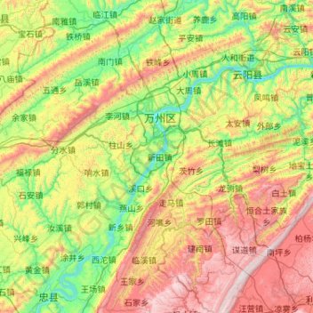 Mapa topográfico 万州区, altitud, relieve