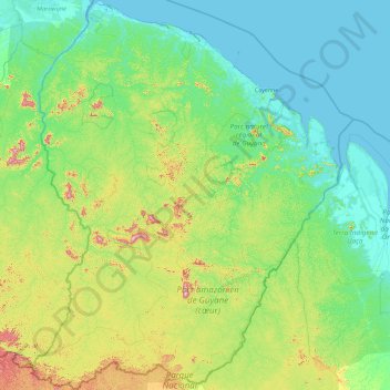 Mapa topográfico French Guiana, altitud, relieve