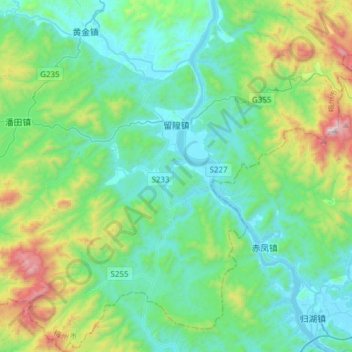 Mapa topográfico 留隍镇, altitud, relieve