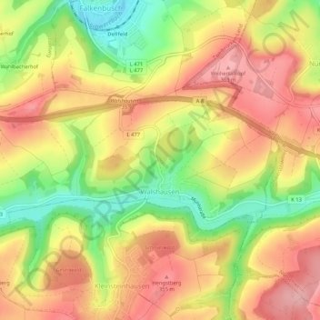 Mapa topográfico Walshausen, altitud, relieve