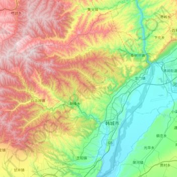Mapa topográfico 韩城市, altitud, relieve