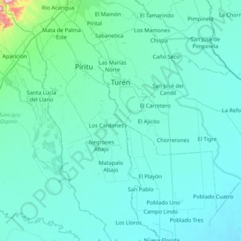 Mapa topográfico Municipio Turén, altitud, relieve
