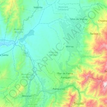 Mapa topográfico Municipio Pampán, altitud, relieve