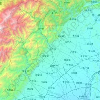 Mapa topográfico 绵竹市, altitud, relieve