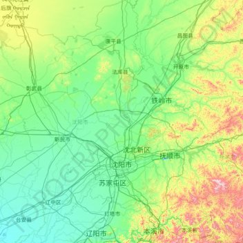 Mapa topográfico Shenyang City, altitud, relieve