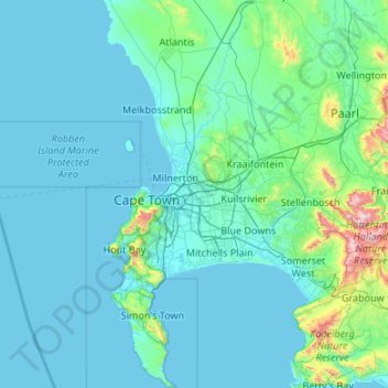 Mapa topográfico City of Cape Town, altitud, relieve
