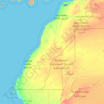 Mapa topográfico Westsahara, altitud, relieve