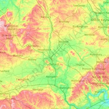 Mapa topográfico Oxfordshire, altitud, relieve
