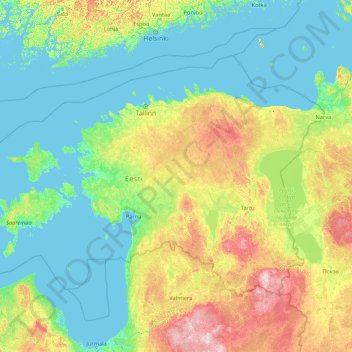 Mapa topográfico Estonia, altitud, relieve