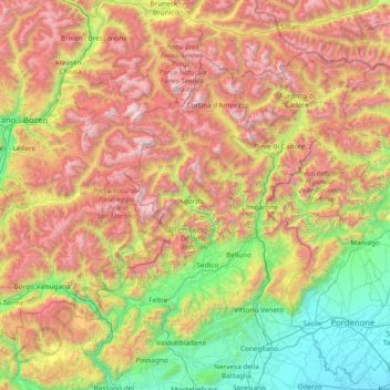 Mapa topográfico Dolomiten, altitud, relieve