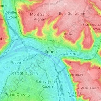 Mapa topográfico Rouen, altitud, relieve